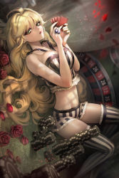 Rule 34 | 1girl, ahoge, blonde hair, breasts, card, dawkinsia, fingernails, flower, frilled skirt, frilled thighhighs, frills, green eyes, hair intakes, highres, holding, holding card, jewelry, large breasts, lipstick, long hair, looking at viewer, lying, makeup, midriff, miniskirt, nail polish, on back, petals, poker chip, red flower, red lips, red rose, ring, rose, roulette, shirt, skirt, solo, sparkle, striped clothes, striped shirt, striped skirt, striped thighhighs, sword girls, thighhighs, very long hair, zettai ryouiki