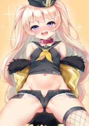 Rule 34 | 1girl, azur lane, bache (azur lane), black hat, black shirt, blonde hair, blouse, blush, breasts, collar, crop top, dombear, fishnet thighhighs, fishnets, fur-trimmed jacket, fur trim, groin, hat, heart, highres, jacket, long hair, looking at viewer, micro shorts, midriff, navel, neckerchief, open mouth, pink collar, purple eyes, sailor hat, shirt, shorts, single thighhigh, sleeveless, small breasts, smile, solo, star (symbol), thighhighs, twintails, yellow background, yellow jacket, yellow neckerchief