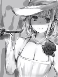 Rule 34 | 1girl, alcina dimitrescu, alcina dimitrescu (cosplay), bad id, bad pixiv id, breasts, cleavage, closed mouth, cosplay, dress, flower, greyscale, hat, highres, holding, holding smoking pipe, hololive, jewelry, kiseru, large breasts, looking at viewer, monochrome, nanashi (nlo), necklace, pearl necklace, resident evil, resident evil village, rose, shirogane noel, smile, smoking pipe, solo, sun hat, sundress, tareme, upper body, virtual youtuber