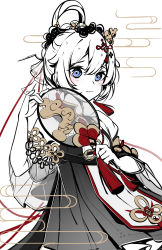 Rule 34 | 1girl, absurdres, bare shoulders, blue eyes, chinese clothes, closed mouth, dress, hair ornament, hand fan, highres, holding, holding fan, honkai (series), honkai impact 3rd, looking at viewer, monabianou, short sleeves, simple background, sleeveless, sleeveless dress, smile, solo, theresa apocalypse, zhuge kongming (honkai impact), white background, white hair, zhuge kongming (honkai impact)