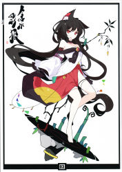 Rule 34 | 1girl, absurdres, adapted costume, alternate costume, animal ears, bamboo, barefoot, black border, black hair, border, choker, detached sleeves, fang, full body, highres, ideolo, imaizumi kagerou, jewelry, long hair, long sleeves, looking at viewer, no panties, off shoulder, open mouth, red eyes, shirt, simple background, skirt, solo, tail, touhou, very long hair, vest, white background, wide sleeves, wolf ears, wolf tail