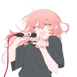 1girl :d black_shirt bocchi_the_rock! bra_strap commentary_request floating_hair green_eyes hair_between_eyes hand_up holding holding_microphone kita_ikuyo long_hair looking_at_viewer microphone music no_sclera one_eye_closed one_side_up open_mouth pointing pointing_at_viewer raven_(099stardive) red_hair shirt short_sleeves sidelocks simple_background singing smile solo upper_body white_background