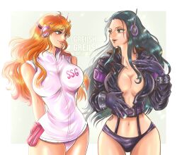 Rule 34 | 2girls, alternate costume, artist request, bare legs, black hair, black jacket, bracelet, breasts, cleavage, cropped jacket, cyberpunk, earphones, egghead island, floating hair, highres, jacket, jewelry, large breasts, leotard, long hair, long sleeves, looking at another, midriff, multiple girls, nami (one piece), nami (one piece) (egghead), nico robin, nico robin (egghead), official alternate costume, one piece, open clothes, open jacket, orange hair, parted lips, revealing clothes, shiny skin, simple background, smile, twitter username, white leotard, wide hips