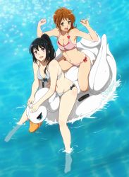 Rule 34 | 2girls, arms up, bikini, bow, breasts, brown hair, cleavage, collarbone, female focus, from above, full body, green bow, grey bikini, groin, hair over shoulder, heart, hibike! euphonium, highres, kousaka reina, long hair, looking at viewer, looking to the side, looking up, medium breasts, medium hair, multiple girls, open mouth, oumae kumiko, pink bikini, ponytail, purple eyes, red bow, riding, sbel02, sitting, small breasts, smile, soaking feet, stomach, surprised, surprised arms, swan boat, swimsuit, water, wet, wet hair, yellow eyes