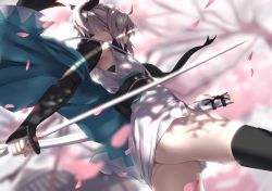 Rule 34 | 1girl, ahoge, arm guards, ass, black scarf, black thighhighs, blonde hair, blurry, blurry background, bow, cherry blossoms, commentary request, fate/grand order, fate (series), hair bow, half updo, haori, highres, holding, holding sword, holding weapon, japanese clothes, katana, kimono, koha-ace, looking at viewer, no panties, obi, okita souji (fate), okita souji (koha-ace), sash, scarf, shinsengumi, short hair, short kimono, sleeveless, sleeveless kimono, solo, sword, thighhighs, tsuuhan, weapon, white kimono, yellow eyes