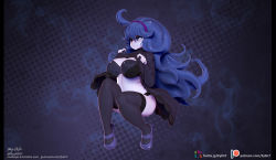 Rule 34 | 1girl, 3d, ahoge, artist name, black bra, black panties, black thighhighs, blush, bra, breasts, closed mouth, clothes lift, creatures (company), dress, dress lift, female focus, flashing, full body, game freak, hair between eyes, hairband, half-closed eyes, hands up, hex maniac (pokemon), highres, huge breasts, invisible chair, lifting own clothes, lingerie, long hair, messy hair, nintendo, panties, patreon logo, patreon username, pillarboxed, pokemon, pokemon xy, purple background, purple dress, purple eyes, purple footwear, purple hair, purple hairband, shoes, signature, sitting, thighhighs, underwear, watermark, web address, zy0n7