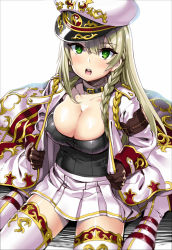 Rule 34 | 1girl, :o, aiguillette, armband, belt collar, blush, boots, braid, breasts, brown gloves, cleavage, coat, collar, covered erect nipples, eyebrows, from above, fujimon, gloves, green eyes, hair between eyes, hat, holding, large breasts, long sleeves, mahou tsukai to kuroneko no wiz, miniskirt, open clothes, open coat, peaked cap, pleated skirt, simple background, single braid, sitting, skirt, solo, stitches, thigh boots, thighhighs, wariza, white background, white coat, white footwear, white hat, white skirt
