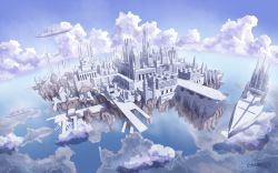 Rule 34 | aircraft, airship, cityscape, cloud, day, flying, langjiao, no humans, pixiv fantasia, pixiv fantasia 5, scenery, sky, wallpaper