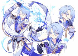 Rule 34 | 1boy, black gloves, blue eyes, blue hair, closed eyes, collared jacket, commentary, covering own mouth, cowboy shot, cropped torso, genshin impact, gloves, gold trim, half gloves, highres, holding, holding weapon, jacket, kamisato ayato, lapels, light blue hair, light smile, liquid weapon, long sleeves, looking at viewer, male focus, meremero, mole, mole under mouth, multiple views, pants, simple background, smile, swept bangs, sword, tassel, vision (genshin impact), weapon, white background, white jacket, white pants, wide sleeves