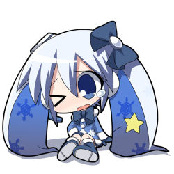 Rule 34 | &gt; o, 1girl, blue eyes, blue hair, bow, chibi, hair bow, hatsune miku, long hair, matching hair/eyes, one eye closed, open mouth, osaragi mitama, simple background, sitting, solo, tears, twintails, vocaloid, wince, wink, yuki miku