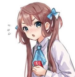 Rule 34 | 1girl, alternate sleeve length, asagumo (kancolle), ascot, blue ascot, box, brown hair, collared shirt, dress shirt, gift, grey eyes, hair ribbon, kantai collection, long hair, nuno (pppompon), plaid ascot, ribbon, shirt, simple background, solo, suspenders, twintails, white background, white shirt