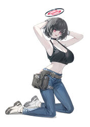 Rule 34 | 1girl, :d, absurdres, alternate hairstyle, armpits, arms up, bare arms, bare shoulders, belt, black choker, black hair, black tank top, blue archive, breasts, choker, cleavage, commentary request, crop top, denim, echj, gloves, grey belt, highres, jeans, kneeling, large breasts, looking at viewer, midriff, navel, open mouth, pants, red eyes, rio (blue archive), shoes, short hair, simple background, smile, solo, stomach, tank top, thighs, white background, white footwear