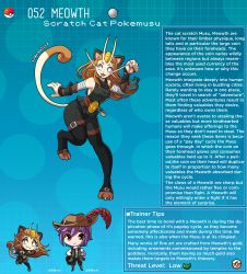 Rule 34 | 1boy, 1girl, animal ears, artist name, belt, belt pouch, brown hair, cat ears, cat girl, character name, character profile, claws, commentary, creatures (company), digitigrade, english commentary, english text, fangs, furry, game freak, gen 1 pokemon, hat, highres, kinkymation, meowth, nintendo, open mouth, personification, poke ball, pokemon, pouch, purple hair, standing, standing on one leg, tail, vambraces, whiskers