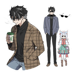 Rule 34 | 1boy, 1girl, alternate costume, animal ears, back bow, bag, beret, black hair, black hoodie, black pants, black sweater, blue eyes, blue jacket, boots, bow, bowtie, brown footwear, brown jacket, buttons, capelet, closed mouth, coffee, collared jacket, commentary request, cup, disposable cup, dress, dress bow, drinking straw, ear piercing, fingernails, full body, fur-trimmed footwear, fur trim, genshin impact, gradient hair, green dress, grey hair, grey pants, hair between eyes, hair ornament, hand in pocket, hand up, hands in pockets, hat, hat bow, heart, heart-shaped bag, highres, holding, holding cup, hood, hoodie, jacket, long sleeves, low twintails, male focus, multicolored hair, nage (sacosui ng), open clothes, open jacket, pants, pantyhose, piercing, pink bow, pink bowtie, pink hair, plaid, plaid jacket, pocket, pom pom (clothes), pom pom hair ornament, puffy long sleeves, puffy sleeves, rabbit ears, rabbit girl, shirt, shoes, short hair, sigewinne (genshin impact), simple background, smile, sparkle, standing, striped bow, striped bowtie, striped clothes, sunglasses, sweater, teeth, turtleneck, turtleneck sweater, twintails, two-tone hair, v-shaped eyebrows, watch, white background, white capelet, white hair, white headwear, white pantyhose, white shirt, wriothesley (genshin impact), wristwatch
