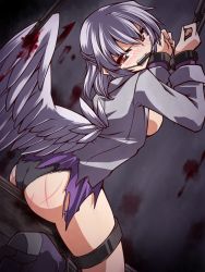 Rule 34 | 1girl, angel wings, angry, ass, bdsm, bit gag, black panties, blood, blush, bondage, bound, breasts, cuffs, cuts, dress, gag, hemogurobin a1c, hook, injury, jacket, kishin sagume, long sleeves, looking at viewer, open clothes, open jacket, panties, purple dress, red eyes, restrained, shackles, sideboob, silver hair, single wing, small breasts, solo, stab, tears, torn clothes, torn dress, torn jacket, touhou, underwear, whip marks, wings, wooden horse