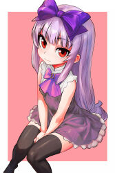 Rule 34 | 1girl, 3.1-tan, absurdres, between legs, black thighhighs, bow, commentary request, commission, dress, hair bow, hand between legs, highres, long hair, os-tan, pixiv commission, purple dress, purple hair, red eyes, ribbon, short dress, sitting, sleeveless, sleeveless dress, smile, solo, thighhighs, thighs, tsukiyono aroe