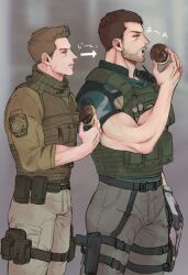 Rule 34 | 2boys, black gloves, black hair, brown hair, brown pants, bulletproof vest, chris redfield, doughnut, facial hair, food, gloves, green shirt, gun, highres, holding, holding food, holster, holstered, large pectorals, looking at another, male focus, multiple boys, muscular, muscular male, open mouth, pants, pectorals, piers nivans, resident evil, resident evil 6, shirt, short hair, single glove, thigh holster, translation request, weapon, yuyu (yuyugame8)