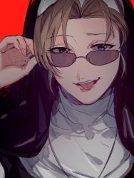 Rule 34 | 1girl, :p, adjusting eyewear, biiko (king1015g), black lagoon, blonde hair, blue eyes, eda (black lagoon), glasses, habit, highres, jewelry, looking at viewer, necklace, nun, red background, red lips, solo, sunglasses, teeth, tongue, tongue out, traditional nun, upper body, upper teeth only