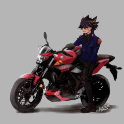 Rule 34 | 1boy, black hair, black pants, black shirt, blonde hair, blue eyes, blue jacket, boots, brown footwear, brown gloves, closed mouth, commentary request, dated, fudo yusei, full body, gloves, grey background, hanpen (higepiyo), highres, jacket, long sleeves, looking at viewer, male focus, motor vehicle, motorcycle, multicolored hair, pants, shirt, short hair, signature, simple background, smile, solo, spiked hair, streaked hair, two-tone hair, yu-gi-oh!, yu-gi-oh! 5d&#039;s