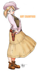 Rule 34 | 1girl, amy crawford, ankle boots, blonde hair, blue eyes, boots, breasts, character name, cowboy hat, earrings, freckles, full body, gun, handgun, hat, highres, holster, jewelry, large breasts, long skirt, original, pistol, revolver, short ponytail, skirt, smile, solo, vest, weapon, cowboy western, yabataso