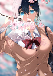 Rule 34 | 1girl, bag, black hair, blue eyes, blurry, bow, bowtie, branch, breasts, cardigan, cherry blossoms, dappled sunlight, day, depth of field, dress shirt, flower, hair between eyes, hair ornament, hairclip, hand up, highres, large breasts, looking at viewer, loose bowtie, off shoulder, original, outdoors, partially unbuttoned, petals, red bow, red bowtie, school bag, school uniform, shirt, short hair, shoulder bag, solo, striped bow, striped bowtie, striped clothes, striped neckwear, sunlight, upper body, xi ying