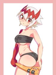 Rule 34 | 1girl, ass, bandeau, bikini, black panties, blush, breasts, cleavage, cougar (cougar1404), dragon: marked for death, empress (dmfd), large breasts, panties, red eyes, scar, solo, strapless, strapless bikini, sweat, underboob, underwear, wedgie, white hair