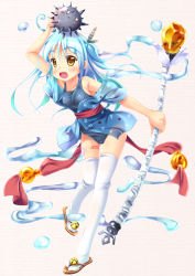 Rule 34 | :d, bell, blue hair, blush, japanese clothes, kimono, long hair, open mouth, sandals, sekine irie, smile, staff, swimsuit, thighhighs, yellow eyes