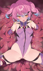 Rule 34 | 1girl, blade (galaxist), blue hair, blush, bodysuit, breasts, covered navel, highres, looking at viewer, lying, medium breasts, multicolored hair, on back, open mouth, orange eyes, original, pink hair, purple bodysuit, purple thighhighs, solo, tentacles, thighhighs, thighs, two-tone hair