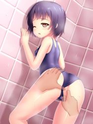 Rule 34 | 1girl, anal, anal fingering, arisu kazumi, ass, blue hair, blush, fingering, from behind, looking back, one-piece swimsuit, one eye closed, open mouth, short hair, spread ass, swimsuit