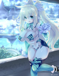 Rule 34 | 1girl, :d, arm support, bad id, bad pixiv id, bare shoulders, bikini, black footwear, blonde hair, blurry, blurry background, blush, breasts, cleavage, commentary request, depth of field, detached collar, detached sleeves, elf, gloves, green bikini, green eyes, hair between eyes, hair wings, hand up, head wings, high heels, high ponytail, large breasts, long hair, long sleeves, looking at viewer, navel, noto kurumi, open mouth, original, pointy ears, ponytail, sidelocks, smile, solo, standing, standing on one leg, swimsuit, thighhighs, transparent wings, twitter username, very long hair, white gloves, wings