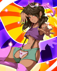 Rule 34 | 1girl, absurdres, animeflux, blush, body writing, boots, breasts, brown hair, collarbone, crop top, crotchless, crotchless shorts, dark skin, earrings, feather hair ornament, green eyes, green nails, green shorts, hair bobbles, hair ornament, hair over one eye, heart, heart print, highres, jewelry, long hair, looking at viewer, low twintails, medium breasts, midriff, multicolored background, navel, panties, parted lips, pink footwear, pink panties, print panties, purple shirt, shirt, shorts, sleeveless, sleeveless shirt, solo, sparkle, standing, striped, striped background, suspenders, teeth, thigh boots, twintails, underboob, underwear, wristband