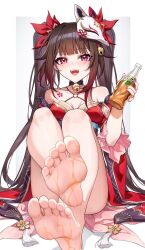 Rule 34 | 1girl, barefoot, bell, black choker, blunt bangs, bottle, choker, collarbone, feet, flower tattoo, foot focus, fox mask, grey background, highres, holding, holding bottle, honkai: star rail, honkai (series), japanese clothes, jingle bell, kimono, long hair, looking at viewer, mask, mask on head, neck bell, open mouth, pink eyes, red kimono, shenqi xiao hong zai nali, simple background, soles, solo, sparkle (honkai: star rail), tattoo, twintails