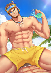 Rule 34 | 2boys, abs, absurdres, bandaid, bandaid on face, bandaid on nose, bara, bare pectorals, beach, beard, black male swimwear, blue eyes, brown hair, bulge, bulge to ass, diving mask, diving mask on head, drawstring, facial hair, goggles, goggles on head, head tilt, highres, jarvan iv (league of legends), jewelry, large pectorals, league of legends, male focus, male swimwear, minghecanyue, multiple boys, muscular, muscular male, navel, necklace, nipples, official alternate costume, pectorals, short hair, sitting, sitting on person, sky, snorkel, solo focus, spilling, spread legs, sunlight, swim trunks, swimsuit, thick thighs, thighs, tooth necklace, wet, yaoi, yellow male swimwear, yellow swim trunks