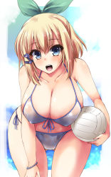Rule 34 | 1girl, ball, bead bracelet, beads, bikini, blonde hair, blue eyes, border, bracelet, breasts, cleavage, clip studio paint (medium), collarbone, commentary request, covered erect nipples, eyes visible through hair, front-tie bikini top, front-tie top, gluteal fold, hair ribbon, highres, jewelry, large breasts, leaning forward, looking at viewer, navel, open mouth, ribbon, rokudenashi majutsu koushi to akashic record, rumia tingel, shinshin, solo, striped, swimsuit, teeth, tress ribbon, volleyball, volleyball (object), wet, white bikini