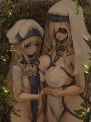Rule 34 | 2girls, asymmetrical docking, black blindfold, blindfold, blonde hair, blue eyes, breast press, breasts, chain, collar, commentary request, dress, female focus, goblin slayer!, habit, hair between eyes, holding hands, large breasts, letdie1414, long hair, medium breasts, multicolored clothes, multicolored headwear, multiple girls, navel, one eye covered, priestess (goblin slayer!), sword maiden, torn clothes, white dress