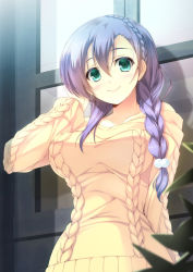 Rule 34 | 10s, 1girl, alternate costume, alternate hairstyle, aqua eyes, aran sweater, arm at side, arm behind head, braid, breasts, cable knit, female focus, hair between eyes, hair over shoulder, large breasts, long hair, looking at viewer, love live!, love live! school idol festival, love live! school idol project, off shoulder, outdoors, purple hair, side braid, smile, solo, sweater, tojo nozomi, upper body, yuuki makoto (radiant)