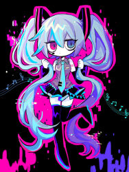 Rule 34 | 1girl, beamed sixteenth notes, black footwear, black skirt, black sleeves, boots, breasts, colored skin, commentary request, detached sleeves, dot mouth, eighth note, glitch, hair between eyes, hatosabure, hatsune miku, headset, heterochromia, highres, holding, holding hair, leg up, long hair, miniskirt, musical note, no nose, pleated skirt, ringed eyes, shirt, skirt, sleeveless, sleeveless shirt, small breasts, solo, staff (music), thigh boots, treble clef, twintails, vocaloid, white skin