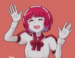 Rule 34 | 1girl, anlan, artist name, blush, bow, dorothy haze, closed eyes, hairband, multicolored hair, open mouth, palms, puffy short sleeves, puffy sleeves, purple hair, red background, red hair, short hair, short sleeves, solo, two-tone hair, upper body, va-11 hall-a, wrist cuffs
