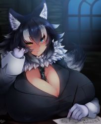 Rule 34 | 10s, 1girl, alternate breast size, animal ears, arm support, between breasts, black hair, blazer, blue eyes, blush, breast pocket, breasts, cleavage, closed mouth, commentary request, covered erect nipples, drawing, fang, fang out, fur collar, gigantic breasts, ginzake (mizuumi), gloves, grey wolf (kemono friends), half-closed eye, hand on own cheek, hand on own face, head rest, heterochromia, holding, holding pen, huge breasts, jacket, kemono friends, lips, long sleeves, looking at viewer, multicolored hair, necktie, necktie between breasts, nose blush, paper, pen, pocket, sidelocks, smile, solo, tail, two-tone hair, upper body, white hair, window, wolf ears, wolf girl, wolf tail, yellow eyes
