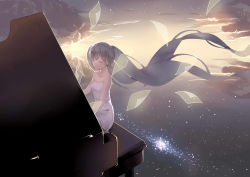 Rule 34 | 1girl, absurdly long hair, absurdres, bare shoulders, collarbone, dress, closed eyes, floating hair, grey hair, hatsune miku, highres, instrument, long hair, music, piano, playing instrument, sitting, sleeveless, sleeveless dress, solo, strapless, strapless dress, tadatsu, twintails, very long hair, vocaloid, white dress