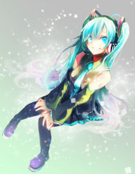 Rule 34 | 1girl, aqua hair, bad id, bad pixiv id, bare shoulders, boots, grin, hatsune miku, headset, long hair, miniskirt, mr0308, necktie, skirt, smile, solo, thigh boots, thighhighs, twintails, vocaloid