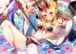 Rule 34 | 1boy, 1girl, bare shoulders, bikini, black bikini, blonde hair, blue kimono, blush, breasts, cameltoe, clenched teeth, collarbone, covered erect nipples, facial mark, fate/extra, fate/grand order, fate (series), fingernails, flower, forehead mark, green eyes, hair over one eye, horns, ibaraki douji (fate), ibaraki douji (fate/grand order), ibaraki douji (swimsuit lancer) (fate), ibaraki douji (swimsuit lancer) (first ascension) (fate), japanese clothes, kimono, knee up, leaning back, long hair, long sleeves, looking at viewer, matsumura (awamorizennseiki), navel, off shoulder, oni, oni horns, open mouth, orange hair, pointy ears, polearm, robin hood (fate), robin hood (summer hunter) (fate), sharp fingernails, short hair, small breasts, spear, swimsuit, tattoo, teeth, thighs, water, weapon, wide sleeves, yellow eyes