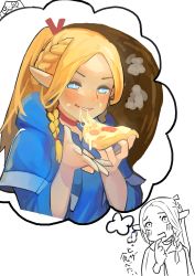 Rule 34 | 1girl, absurdres, aoiro (t aoiro123), blonde hair, blue eyes, blush, braid, bright pupils, choker, dungeon meshi, eating, elf, food, food on face, french braid, grin, hair ribbon, highres, holding, holding food, marcille donato, parted bangs, pizza, pizza slice, pointy ears, ponytail, red choker, red ribbon, ribbon, senshi (dungeon meshi), smile, thought bubble, translation request, twin braids, white pupils