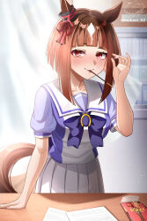 Rule 34 | 1girl, animal ears, bow, bowtie, breasts, brown hair, food, food in mouth, highres, horse ears, horse girl, horseshoe ornament, large breasts, looking at viewer, motsushi, multicolored hair, pocky, pocky in mouth, puffy short sleeves, puffy sleeves, purple bow, purple bowtie, purple serafuku, purple shirt, red eyes, sailor collar, sailor shirt, school uniform, serafuku, shirt, short hair, short sleeves, solo, tracen school uniform, transcend (umamusume), umamusume, upper body, white hair
