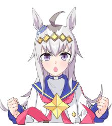 Rule 34 | 1girl, :o, ahoge, animal ears, ayuuuuuu, clenched hands, grey hair, horse ears, jacket, long hair, long sleeves, multicolored hair, neckerchief, oguri cap (umamusume), open mouth, purple shirt, red neckerchief, sailor collar, shirt, simple background, solo, turtleneck, umamusume, white background, white jacket, white shirt