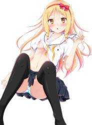 Rule 34 | 10s, 1girl, :o, black skirt, black thighhighs, blonde hair, blush, bow, brown eyes, chestnut mouth, clothes lift, drill hair, eromanga sensei, gradient hair, hair bow, hairband, hand up, invisible chair, long hair, looking at viewer, miniskirt, multicolored hair, narumi yuu (imitmoon), navel, neckerchief, nipples, no bra, no shoes, one breast out, panties, pantyshot, parted bangs, pink hair, pointy ears, raised eyebrows, red bow, red hairband, school uniform, serafuku, shirt, shirt lift, short sleeves, simple background, sitting, skirt, solo, spread legs, stomach, striped clothes, striped panties, tareme, thighhighs, twin drills, underwear, undone neckerchief, upskirt, white background, white shirt, yamada elf