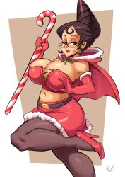 Rule 34 | 1girl, alternate costume, blush, bodice, breasts, brown hair, candy, candy cane, capelet, christmas, earrings, elbow gloves, eyeshadow, food, from side, glasses, gloves, hair bun, high heels, hood, jewelry, large breasts, looking at viewer, makeup, midriff, mole, mole under mouth, mrs. victoria (skullgirls), navel, profitart, red lips, skirt, skullgirls, smile, solo, thick thighs, thighhighs, thighs, white background