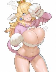Rule 34 | 1girl, alternate breast size, animal costume, animal hands, blonde hair, blue eyes, bra, breasts, brown lips, cat costume, cat peach, cat tail, cleavage, cropped hoodie, crown, gloves, hair over one eye, hood, hood down, hoodie, huge breasts, long hair, looking at viewer, mario (series), materclaws, midriff, navel, nintendo, one eye covered, panties, paw gloves, paw pose, pink hoodie, pink panties, princess peach, solo, strapless, strapless bra, super mario 3d world, sweat, tail, underwear, white bra