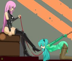 Rule 34 | 2girls, aqua eyes, aqua hair, bdsm, blue eyes, blush, bondage, boots, bound, bound wrists, brown legwear, china dress, chinese clothes, cuffs, detached sleeves, deviantart thumbnail, dress, female focus, femdom, from side, green hair, hatsune miku, high heel boots, high heels, kneeling, latex, leash, long hair, megurine luka, multiple girls, pantyhose, pink hair, resized, rubber, shackles, side slit, sitting, slave, thesoundinside, thigh boots, thighband pantyhose, thighhighs, tongue, tongue out, twintails, vocaloid
