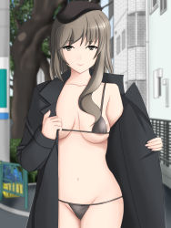 Rule 34 | 10s, 1girl, beret, blush, breasts, brown eyes, exhibitionism, girls und panzer, grey hair, groin, hat, highres, hounyo (artist), large breasts, mature female, navel, public indecency, shimada chiyo, solo, undressing